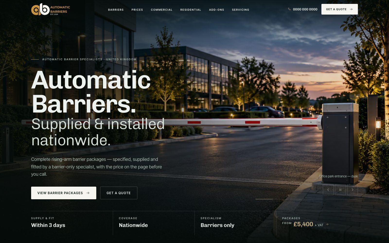 BS Automatic Barriers homepage: a rising-arm barrier at an office park entrance at dusk beneath the headline Automatic Barriers, supplied and installed nationwide
