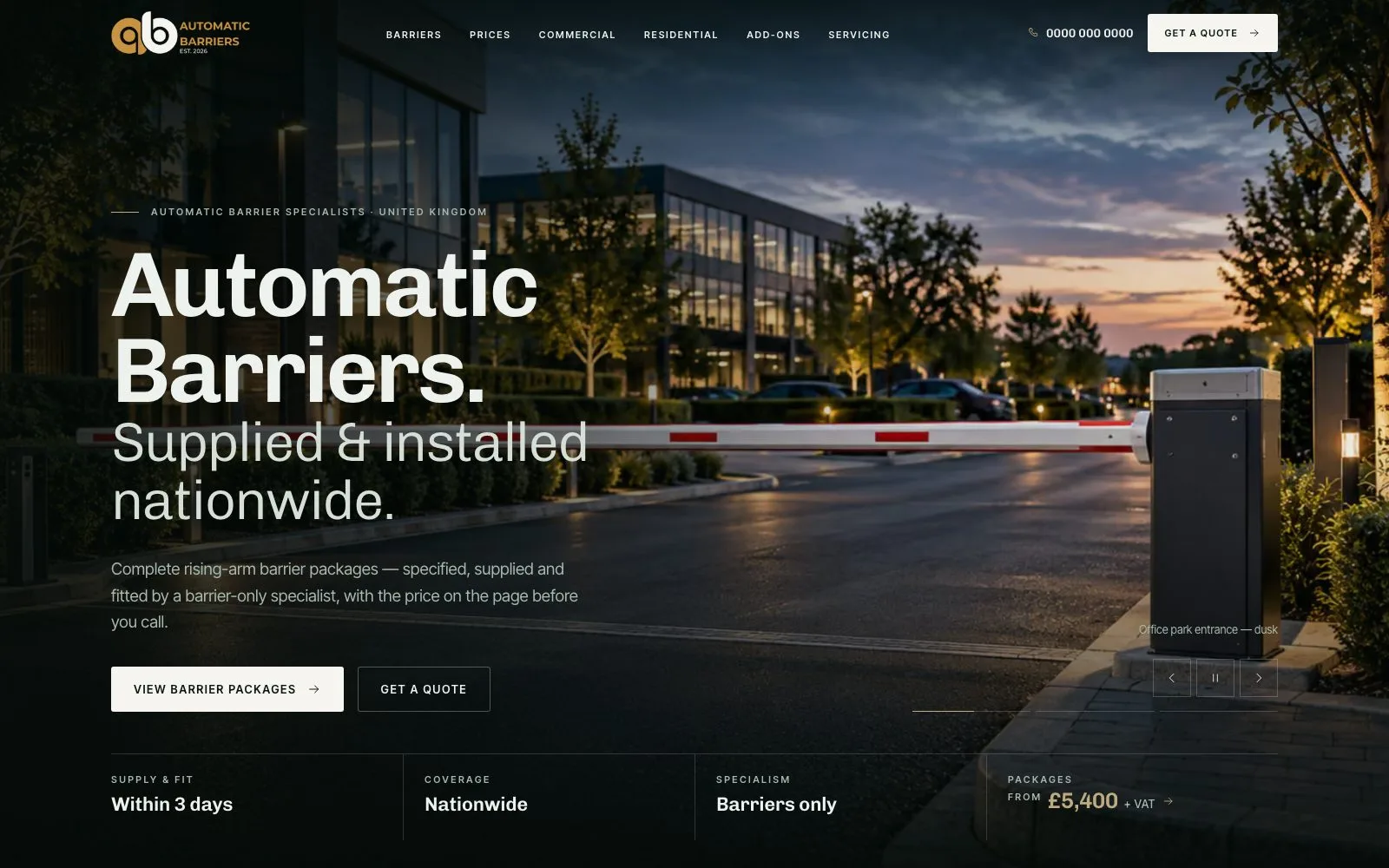 BS Automatic Barriers homepage: a rising-arm barrier at an office park entrance at dusk beneath the headline Automatic Barriers, supplied and installed nationwide