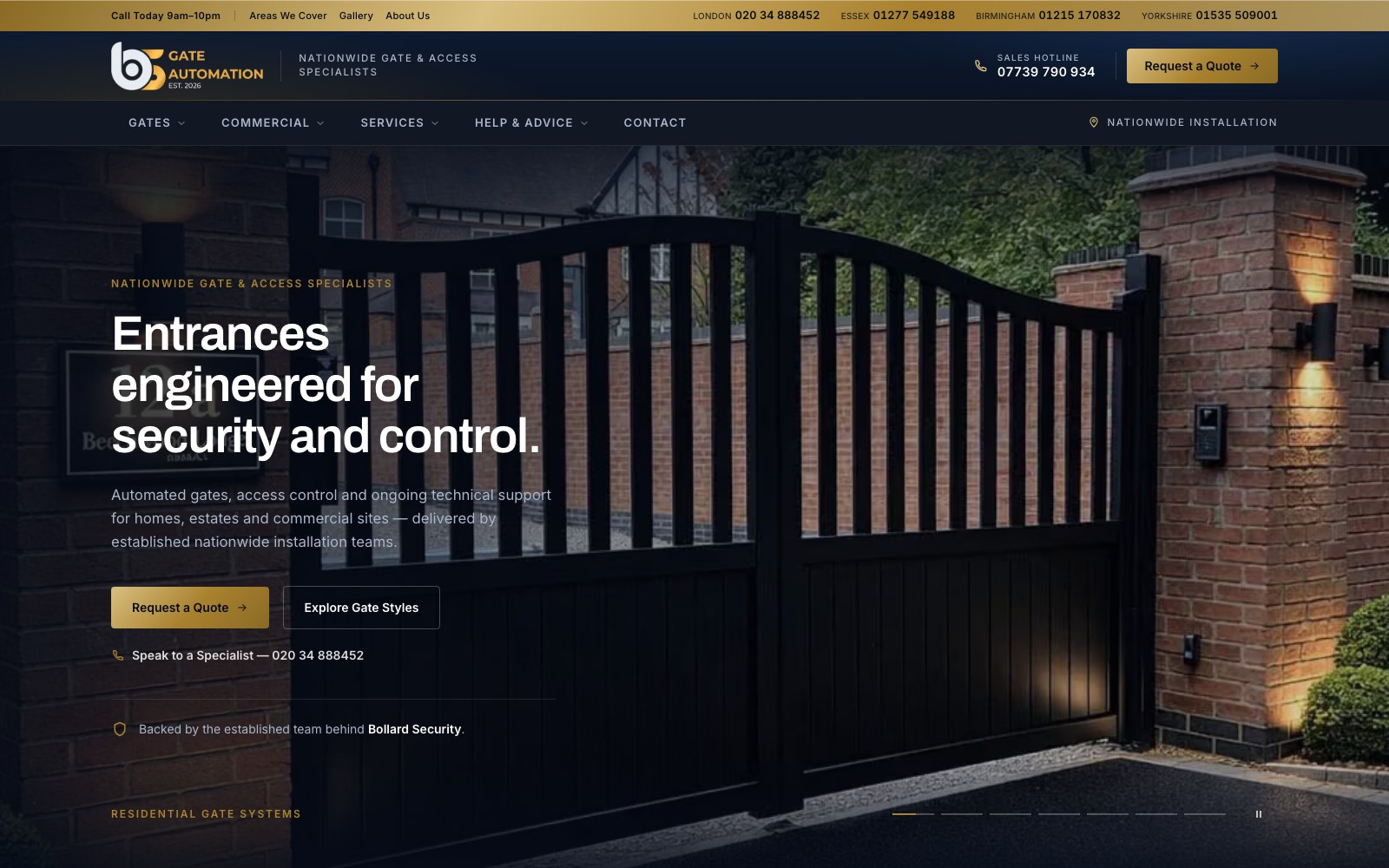BS Gate Automation homepage: an automated black driveway gate beneath the headline Entrances engineered for security and control