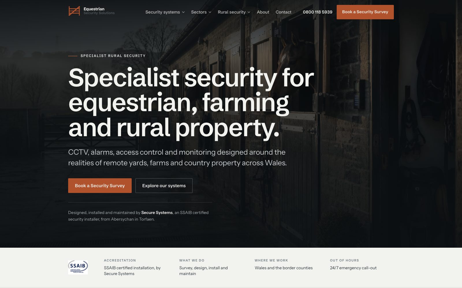 Equestrian Security Solutions homepage: a stable yard at dusk beneath the headline Specialist security for equestrian, farming and rural property