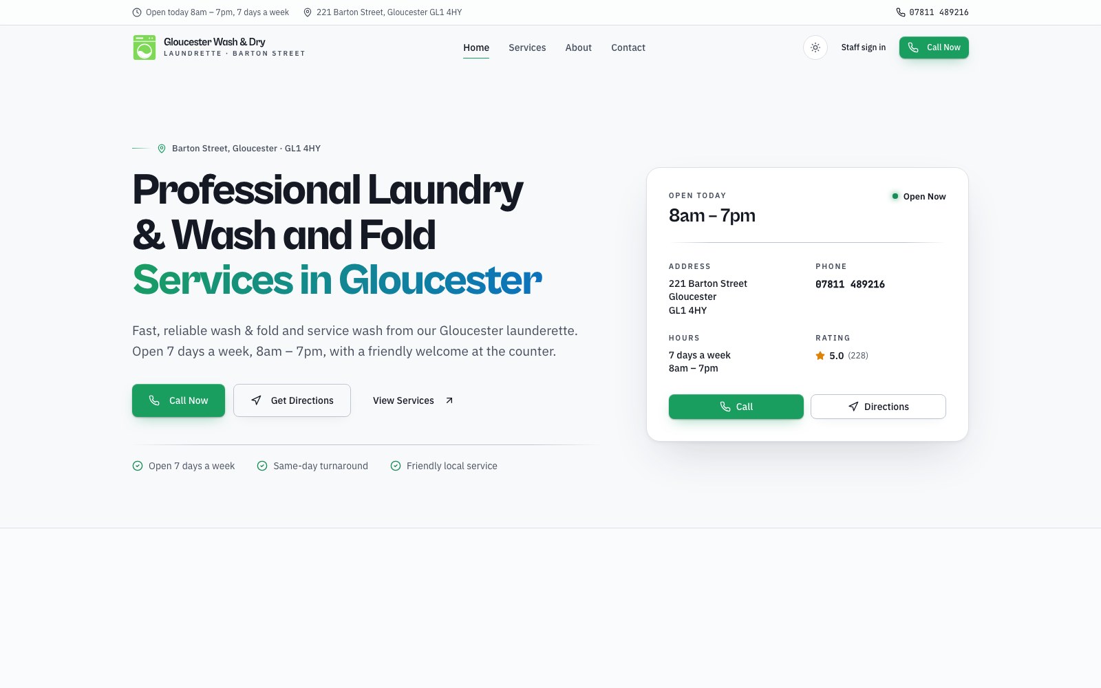 Gloucester Wash & Dry homepage showing the Barton Street laundrette with live opening hours and a call panel