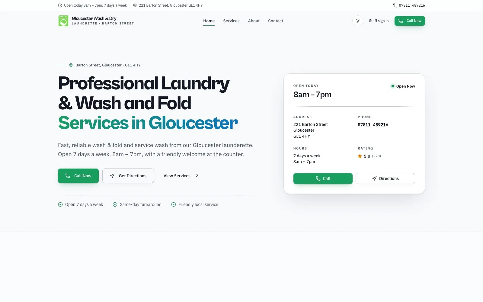 Gloucester Wash & Dry homepage showing the Barton Street laundrette with live opening hours and a call panel
