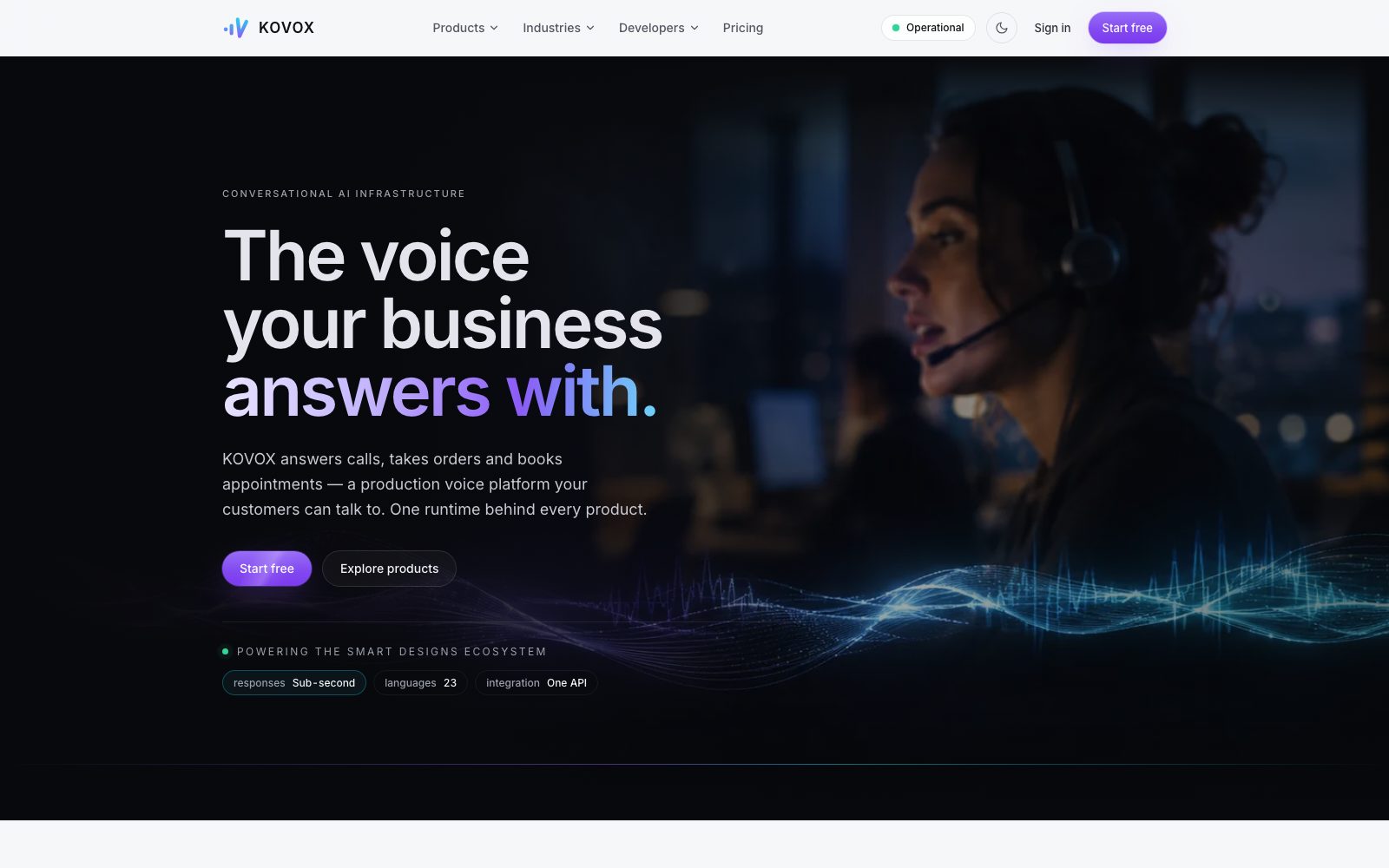 KOVOX homepage: a contact-centre agent on a headset beneath the headline The voice your business answers with