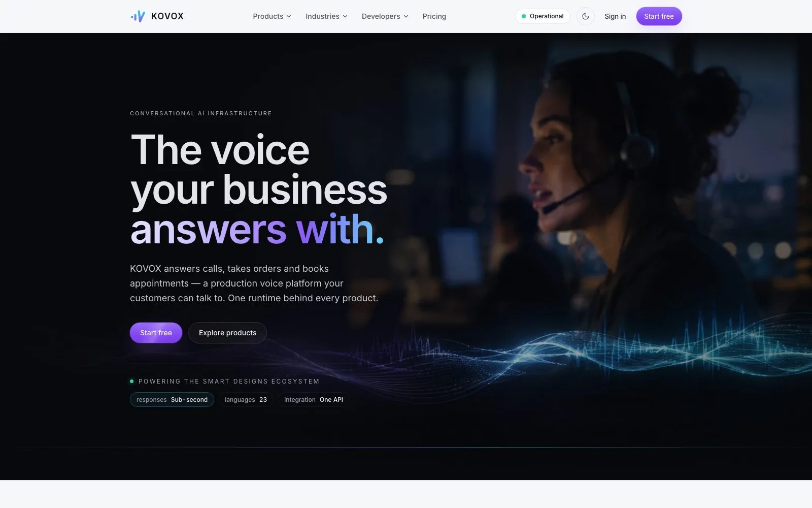 KOVOX homepage: a contact-centre agent on a headset beneath the headline The voice your business answers with