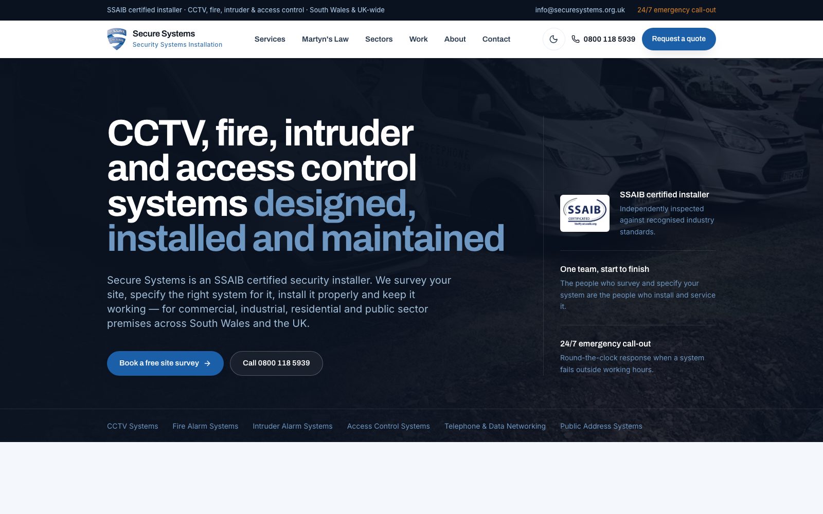Secure Systems homepage: CCTV, fire, intruder and access control systems designed, installed and maintained, with SSAIB certification and 24/7 call-out