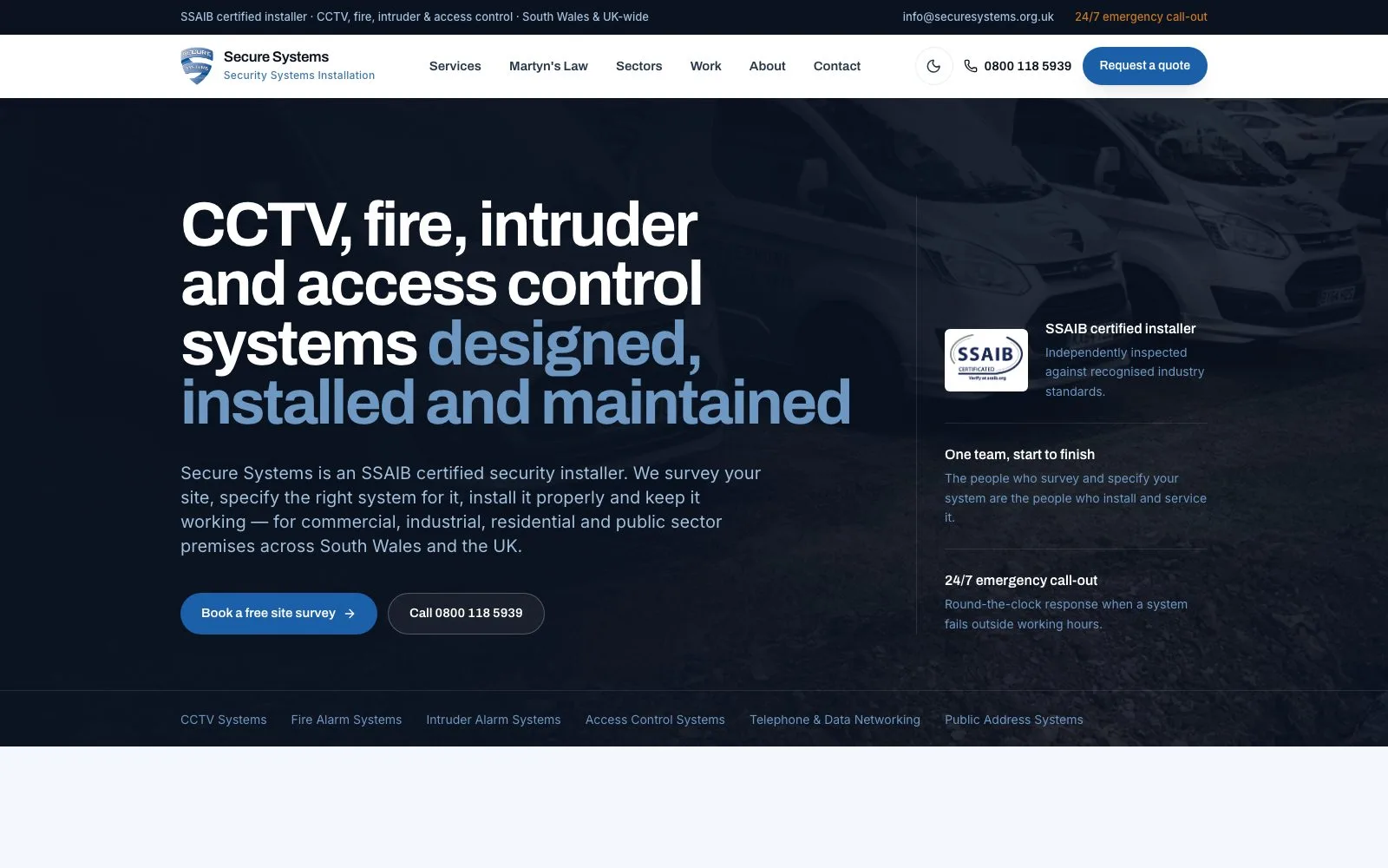 Secure Systems homepage: CCTV, fire, intruder and access control systems designed, installed and maintained, with SSAIB certification and 24/7 call-out