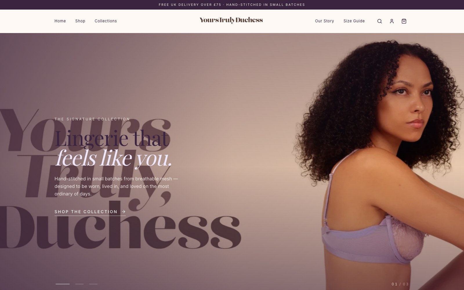 Yours Truly Duchess homepage showing the signature lingerie collection over a warm editorial hero
