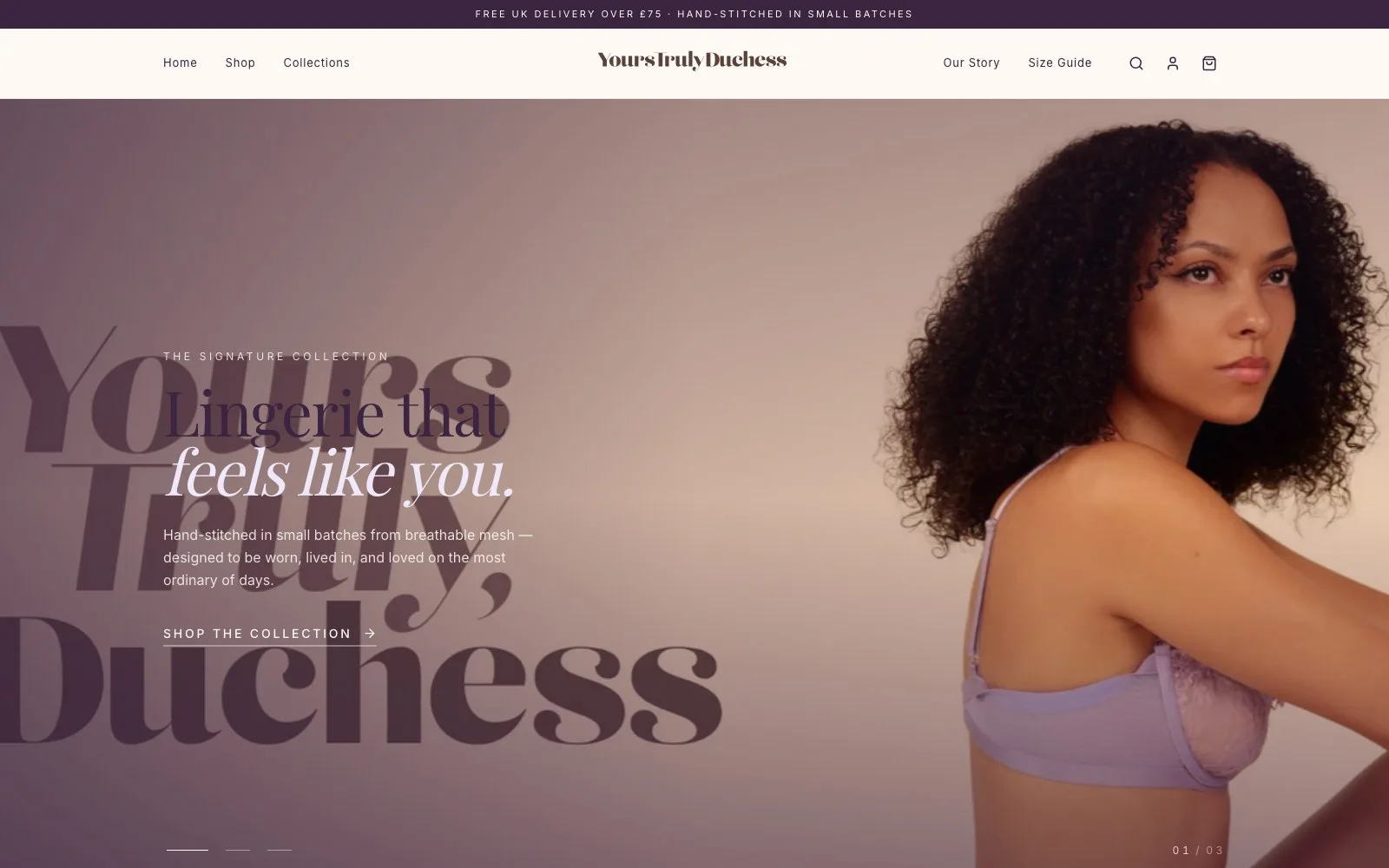 Yours Truly Duchess homepage showing the signature lingerie collection over a warm editorial hero