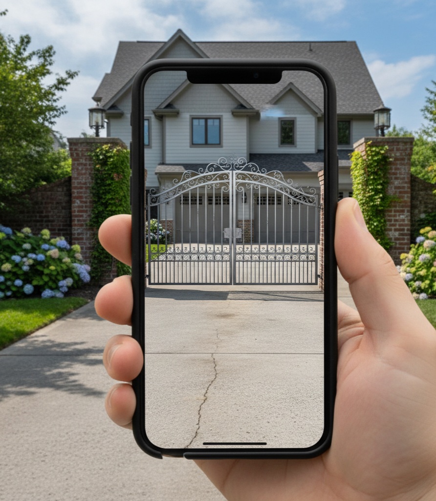 Phone previewing a composite wood two-leaf gate in AR on a driveway — no real gate installed