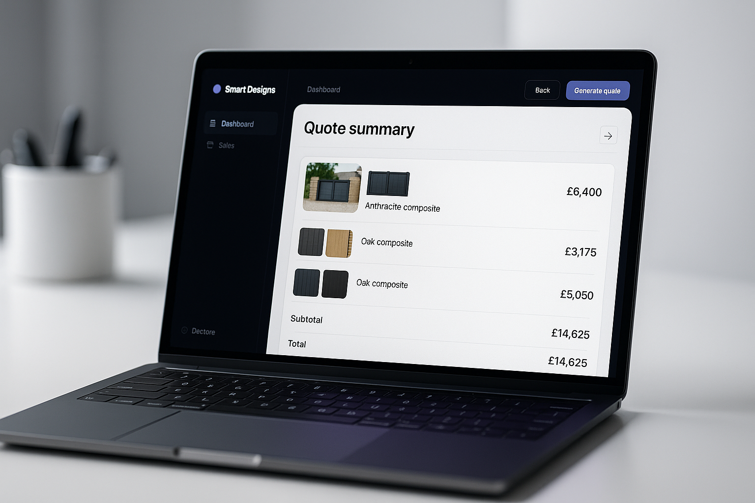 Dashboard flow turning AR selections into a quote summary