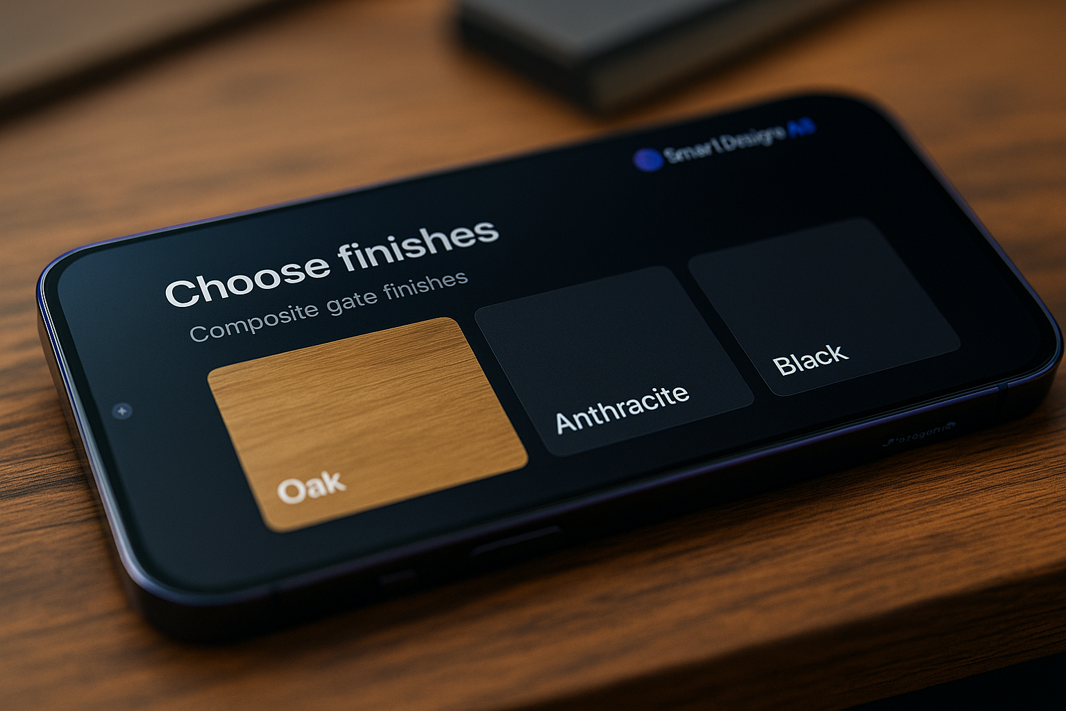 Phone UI displaying finish swatches and gate variants for selection