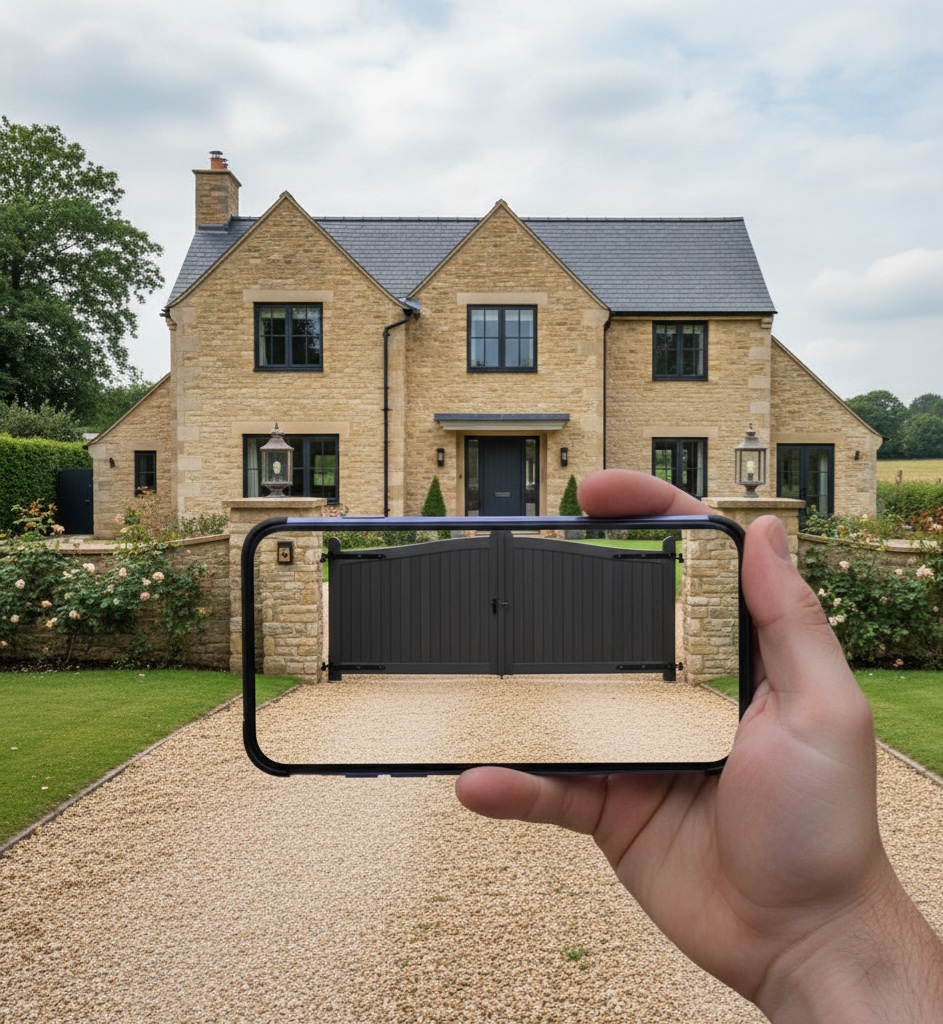 AR driveway preview showing a two-leaf gate in front of a modern home